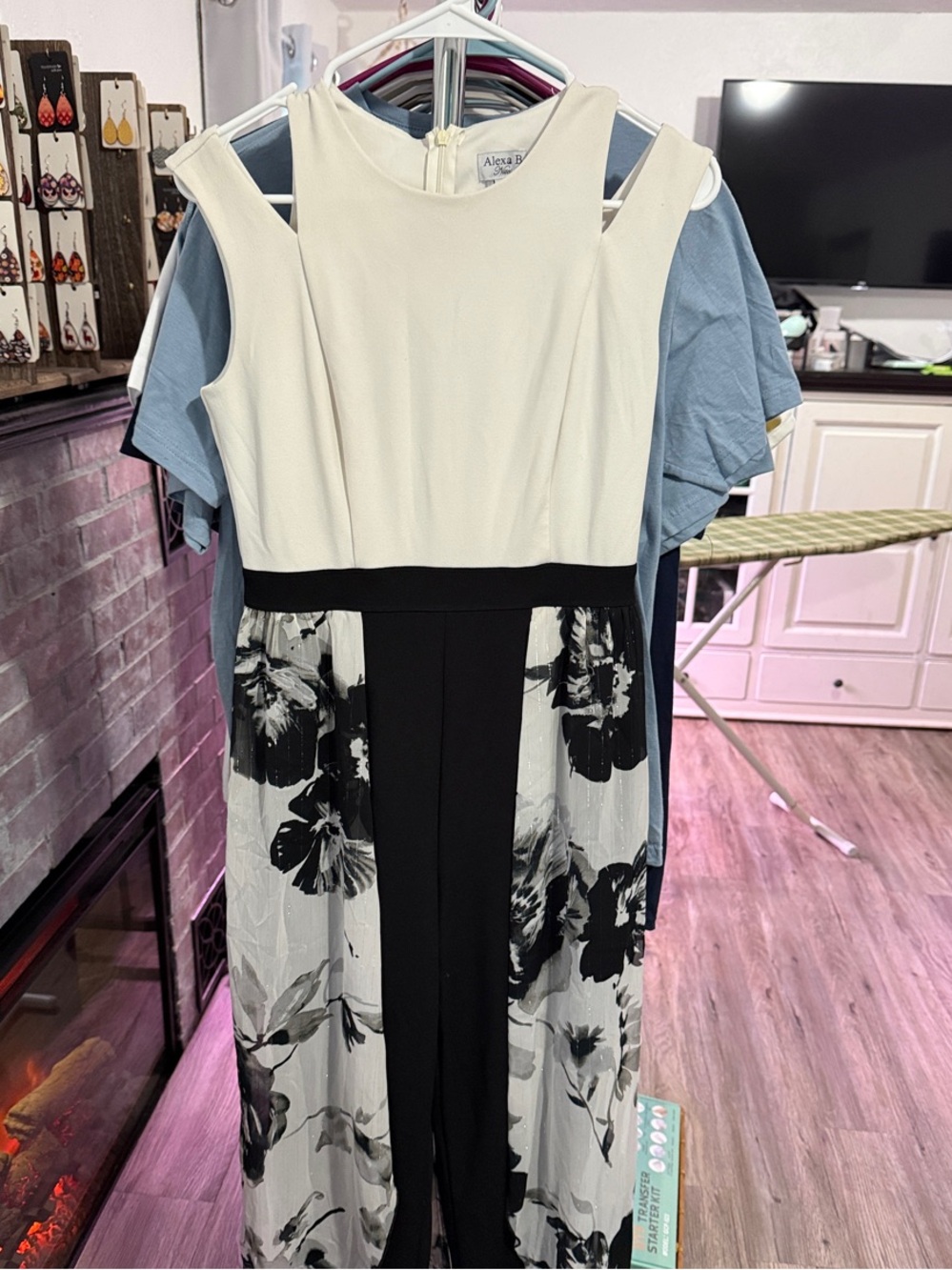 Sleeveless Black & White Floral Pant Suit with Back half skirt